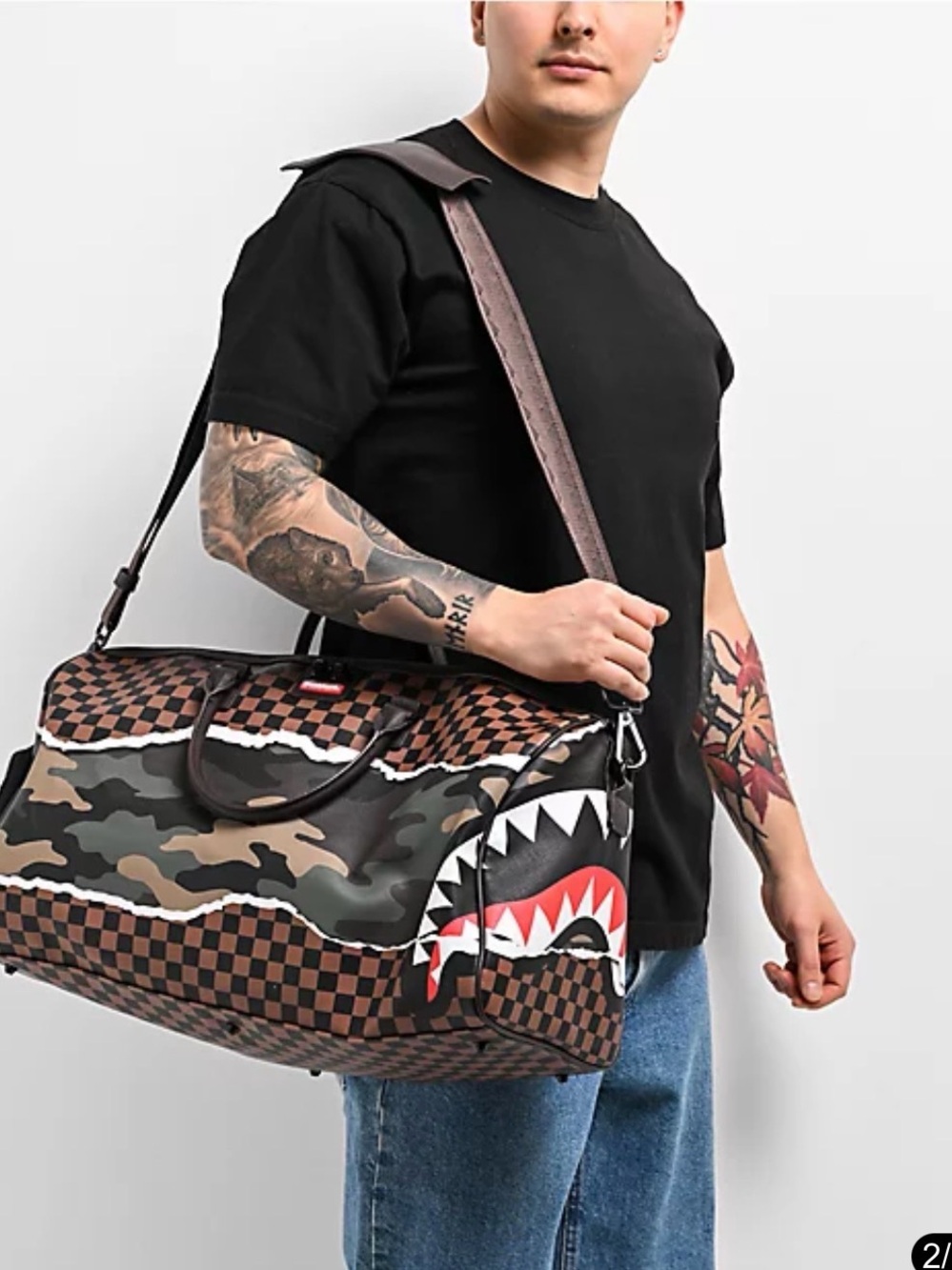 Sprayground Brown Green Camo Shark Duffel Bag limited edition